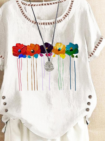 Floral Short Sleeve Lace Edge Crew Neck Buckle Casual Shirt