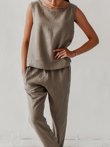 Casual Plain Sleeveless Crew Neck Top With Pockets Pants Two-Piece Set