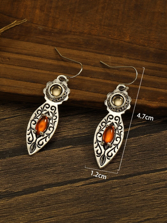 Vintage Silver Ethnic Design Earrings with Red Crystals Women's Jewelry
