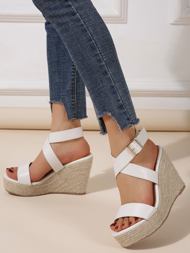 Thick Strap Cross Resort Straw Sole Wedge Sandals