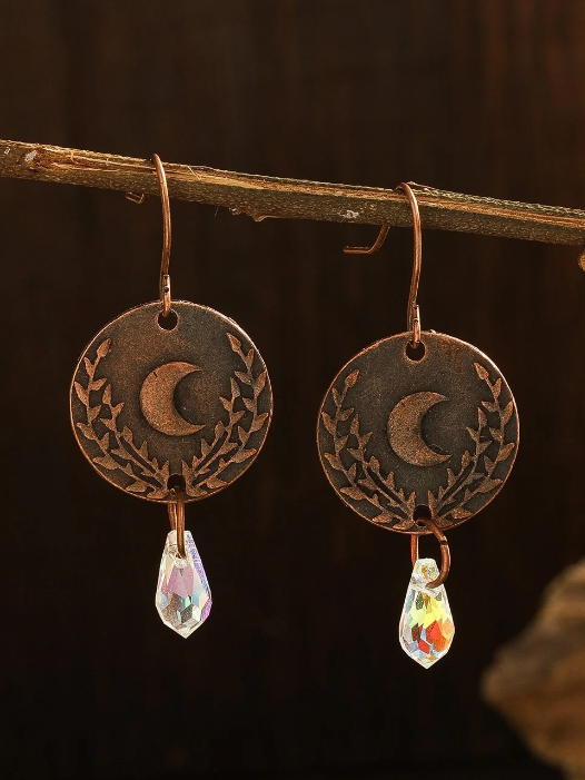 Ethnic Copper Moon Embossed Crystal Earrings Everyday Vintage Jewelry