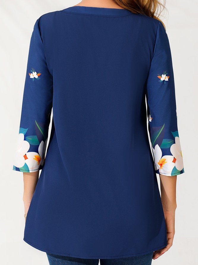 Notched Floral Casual Loose Shirt