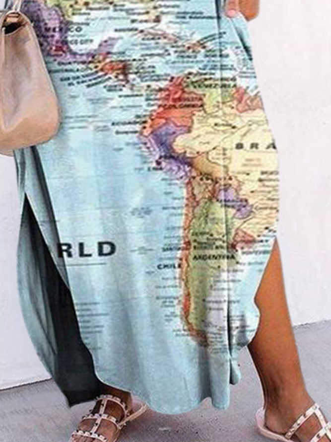Plus Size V Neck Casual Map Jersey Dress