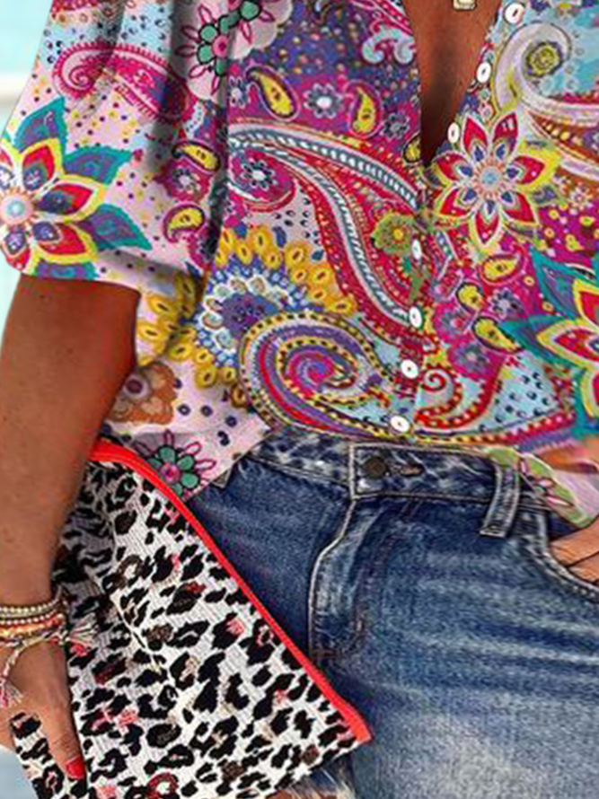 Plus Size Ethnic Paisley Shirt Collar Loose Blouse