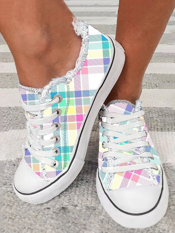 Easter Day Multicolor Plaid Print Fringe Hem Lace-up Canvas Shoes
