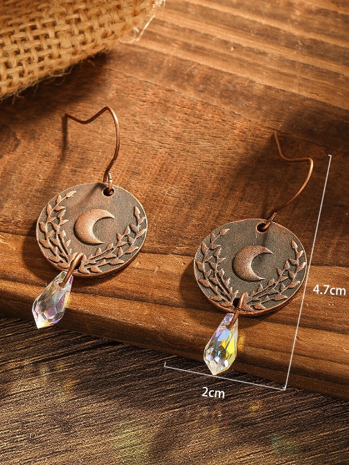 Ethnic Copper Moon Embossed Crystal Earrings Everyday Vintage Jewelry