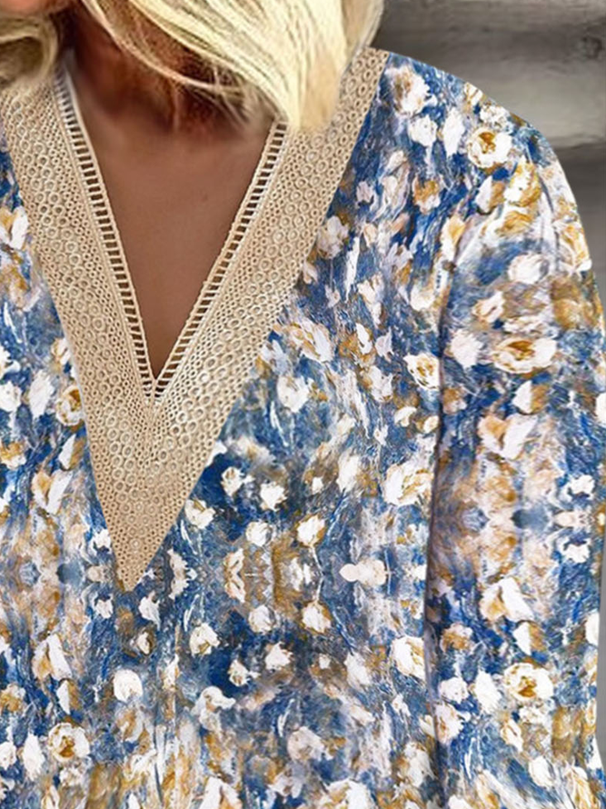 Plus Size Random Print Lace Edge Vacation V Neck Shirt