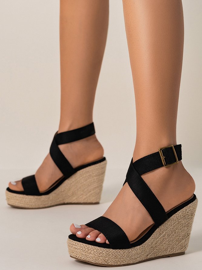 Thick Strap Cross Resort Straw Sole Wedge Sandals