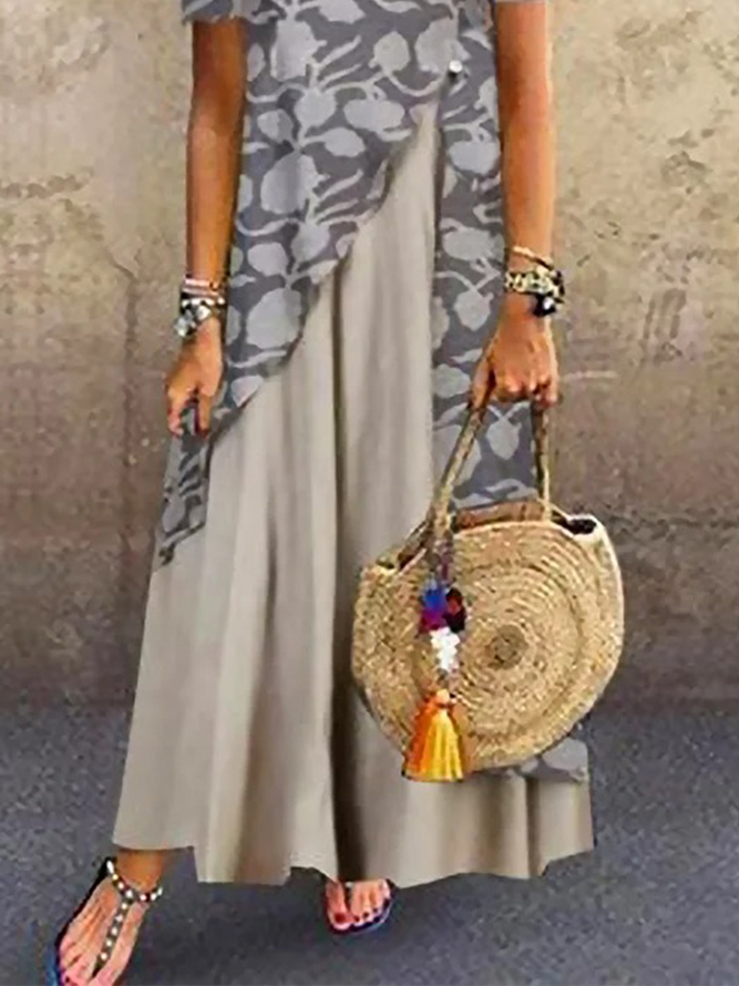 Short Sleeve Crew Neck Abstract Color Block Buckle Vacation Mock Two-Piece Dress