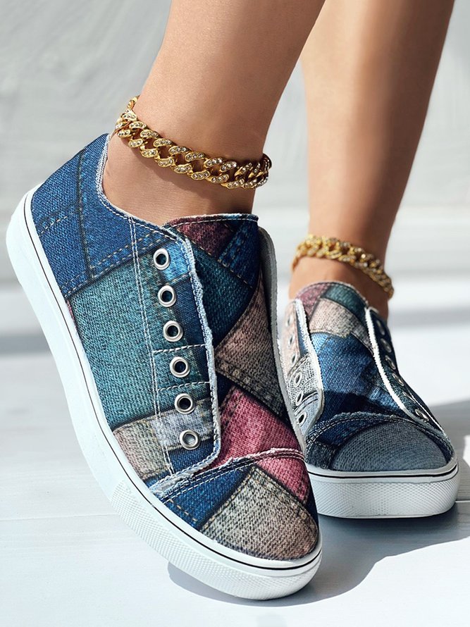 Women's Color Block Printing Slip On Canvas Shoes