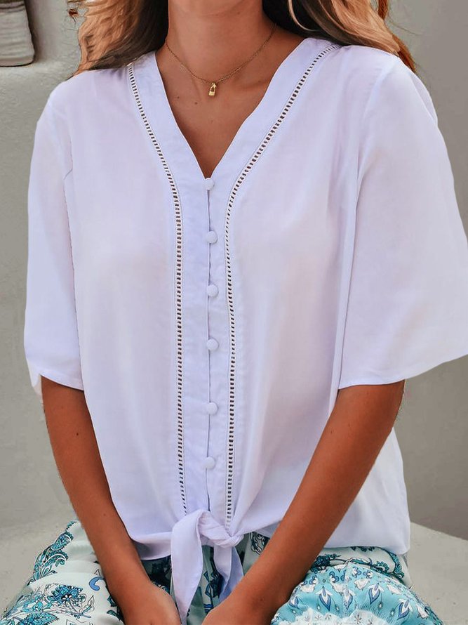 Plain Half Sleeve Lace Hollow out Buckle Lace-up Casual V Neck Blouse