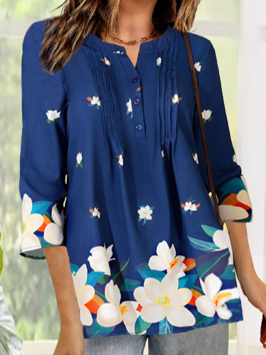 Notched Floral Casual Loose Shirt