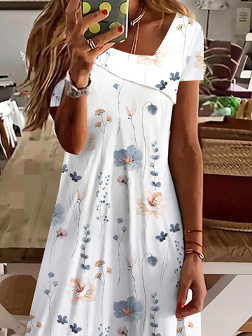 Asymmetrical Neck Casual Floral Printed Dress