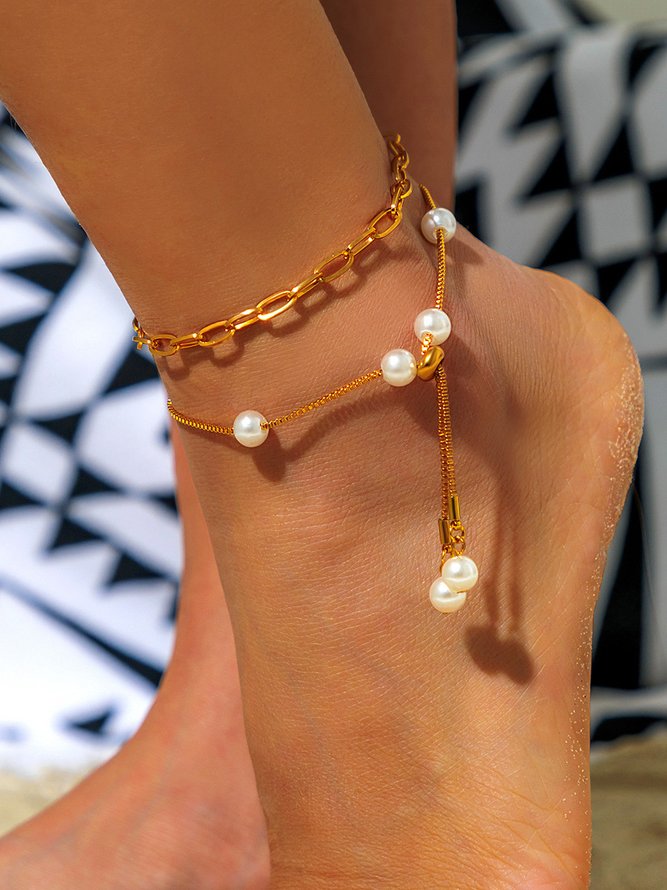 Vacation Fashion Pearl Chain Multilayer Anklet Daily Beach Women Jewelry