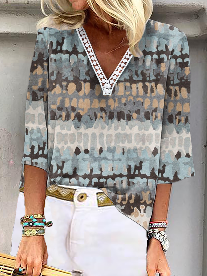 V Neck Abstract Casual Lace Shirt