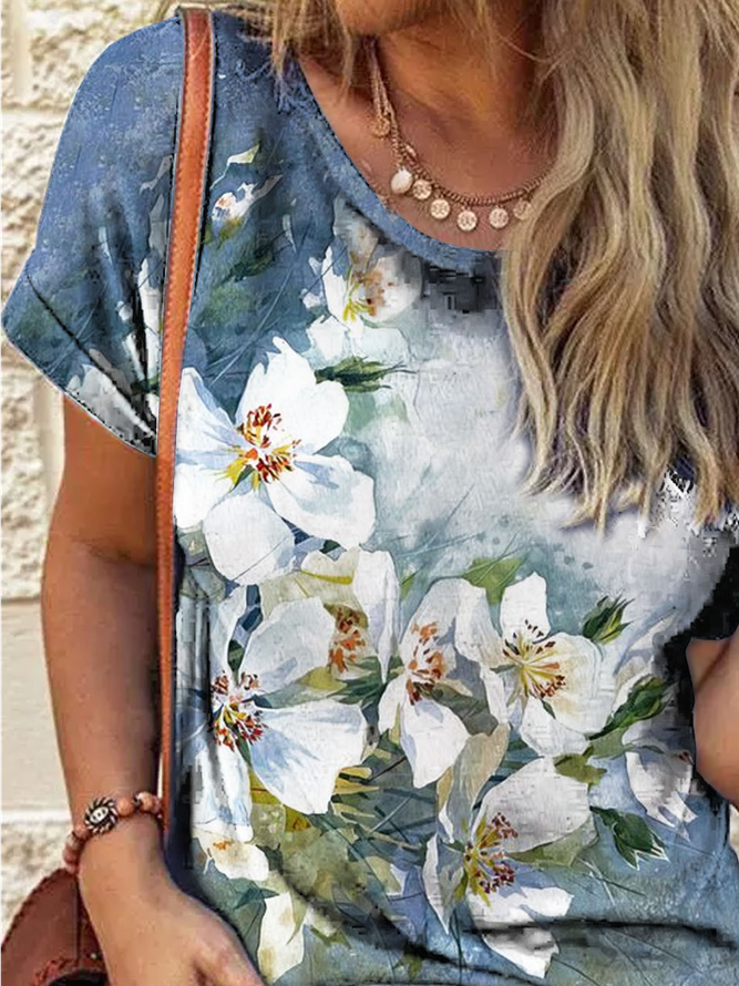 Casual Crew Neck Floral Printed Jersey T-Shirt