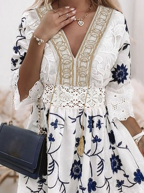Lace Edge V Neck Floral Casual Dress