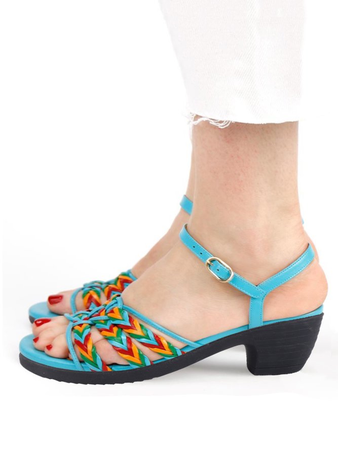 Elegant Color Block Braided Straps Chunky Heel Sandals
