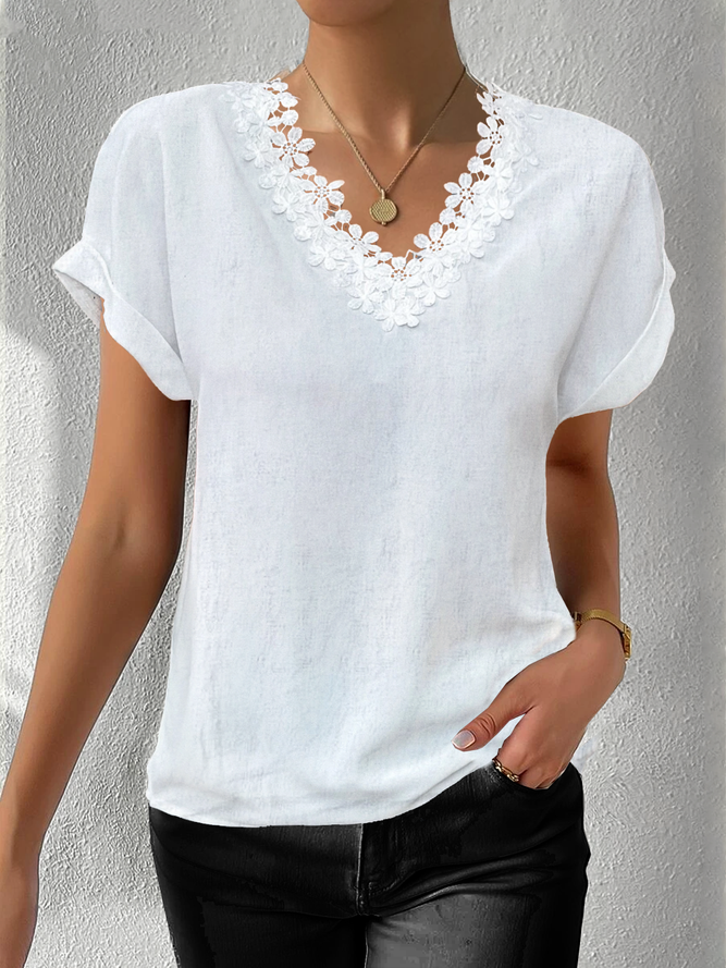 Casual Lace Edge Cotton Plain Shirt