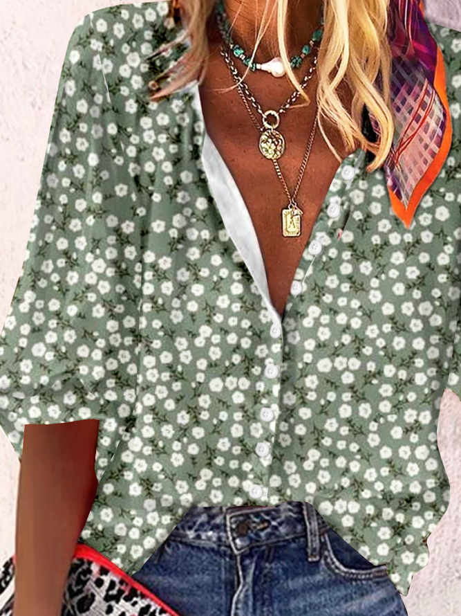 Loose Disty Floral Printed Casual Stand Collar Blouse