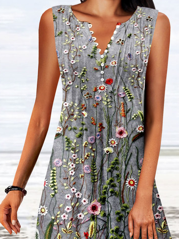 Notched Casual Floral Printed Buckle Dress