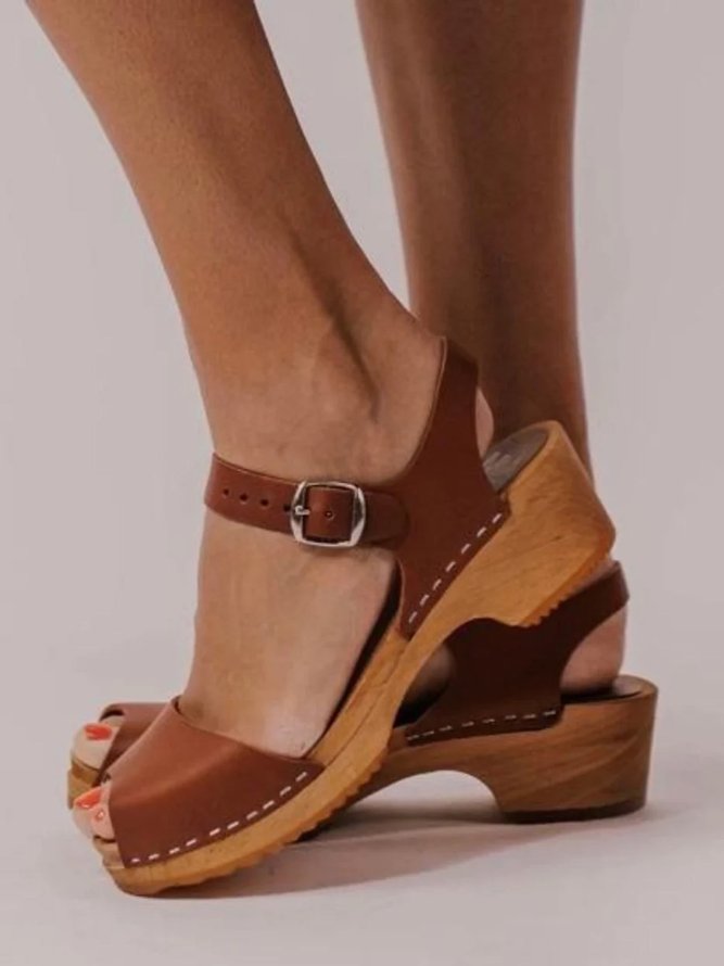 Vintage Leather Strappy Wooden Platform Sandals