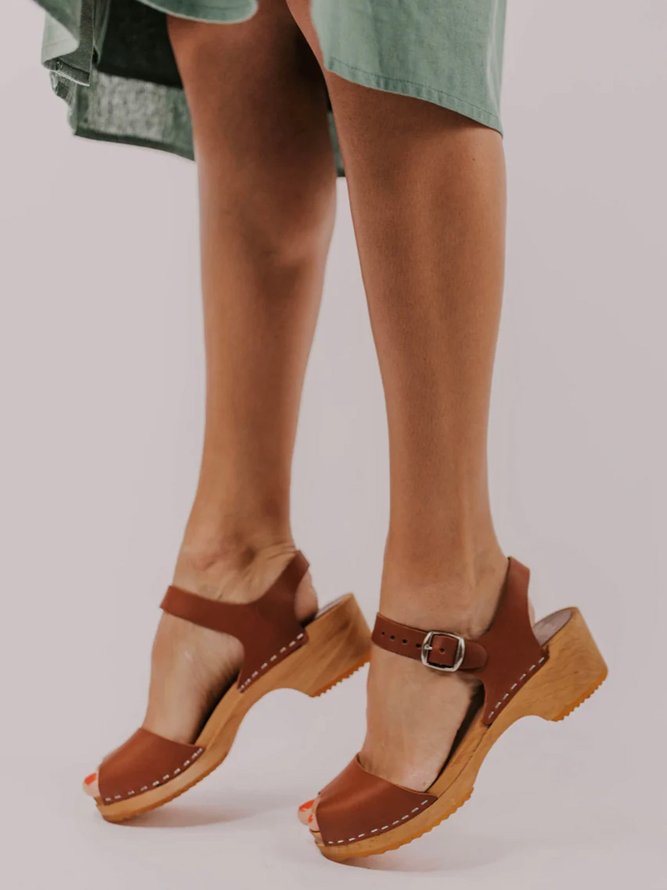 Vintage Leather Strappy Wooden Platform Sandals