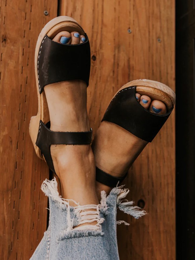 Vintage Leather Strappy Wooden Platform Sandals