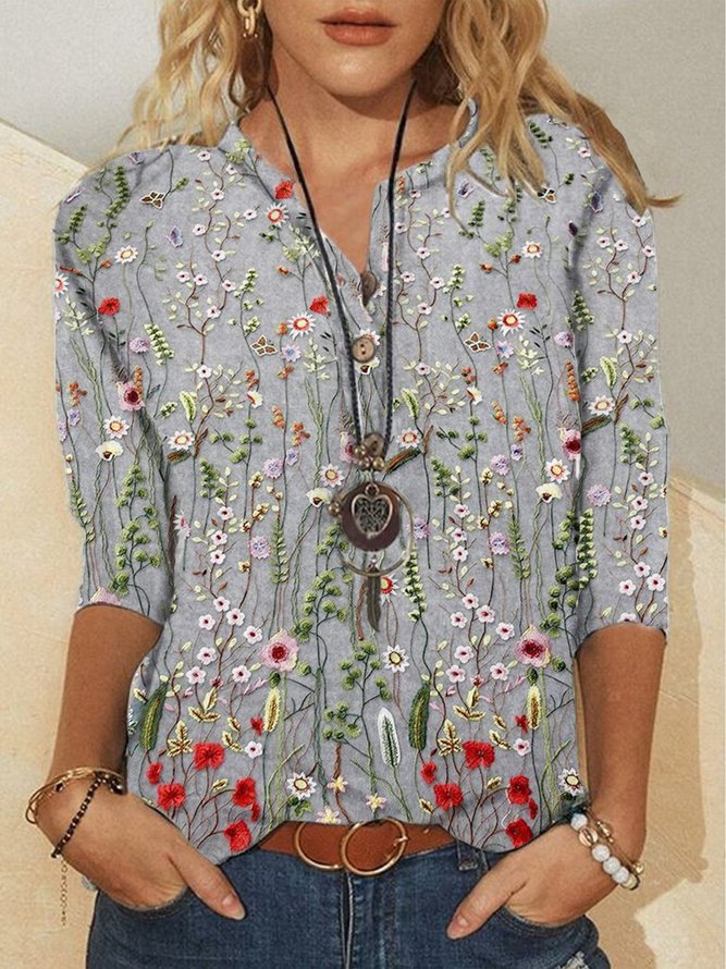 Casual Floral V Neck Loose Shirt