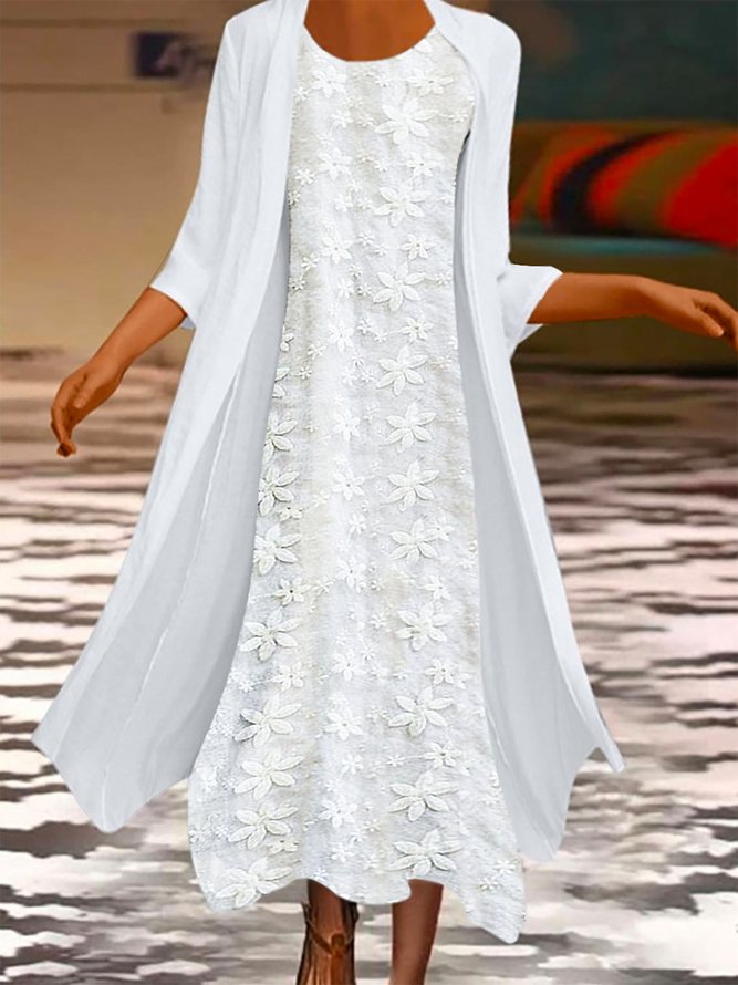 Floral Jacquard Crew Neck Crew Neck Dress With Coat Casual Two-Piece Set
