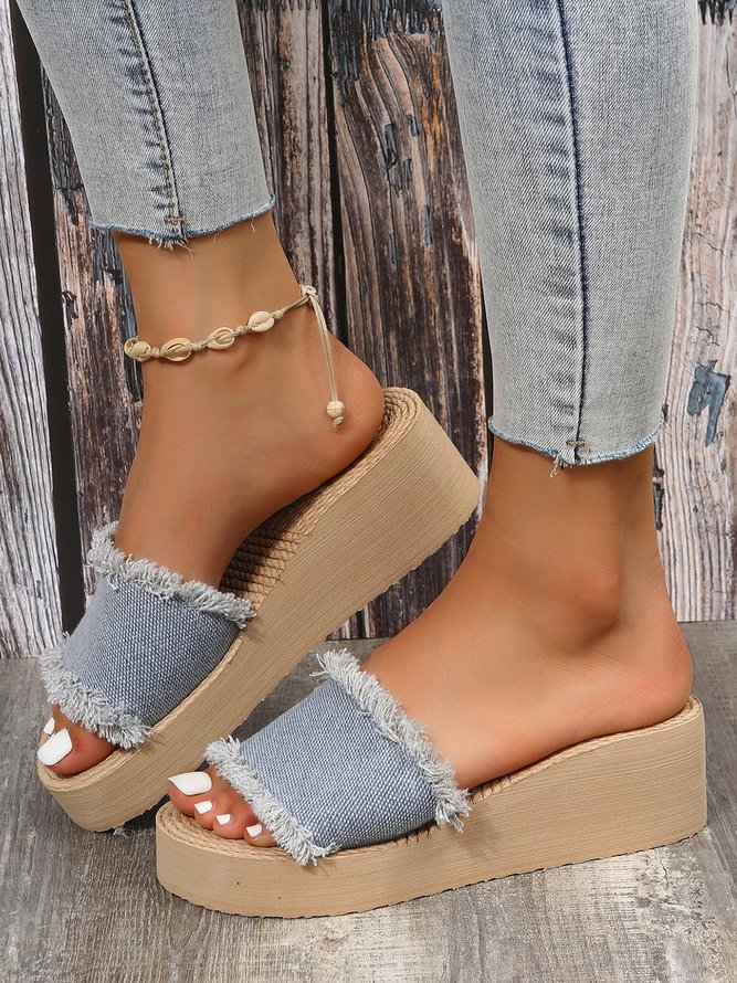 Denim Wide Strap Raw Trim Beach Slippers