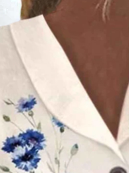 Plus Size Blue Floral Casual Shirt Collar Shirt
