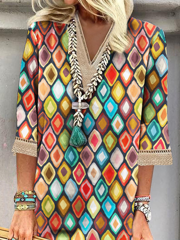 Geometric Hollow Out Lace V Neck Vacation Tunic Dress