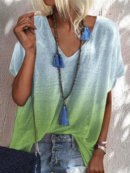 Plus Size Ombre Loose Casual V Neck T-Shirt