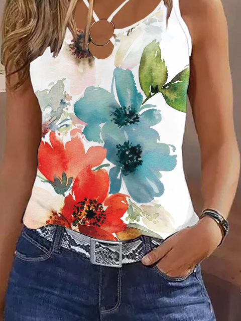 Jersey Floral Loose Casual Tank Top