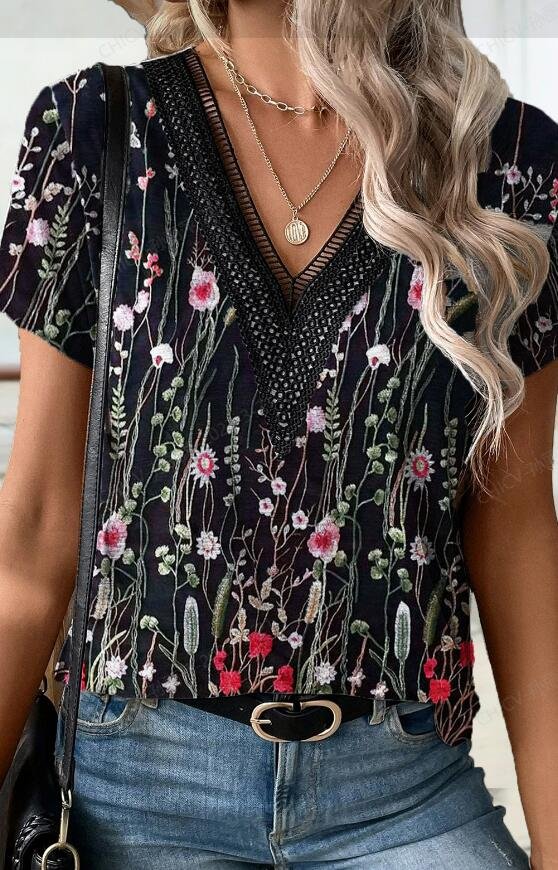 Lace V Neck Jersey Casual Shirt