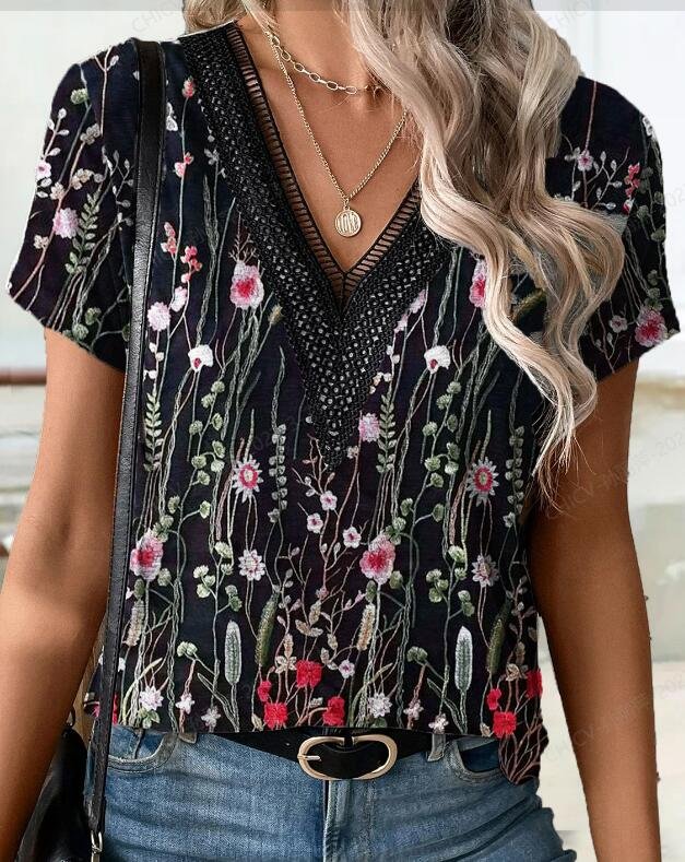 Lace V Neck Jersey Casual Shirt