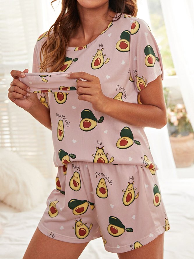 Cute Cartoon Avocado Short Sleeve Shorts Comfortable Casual Pajamas Set