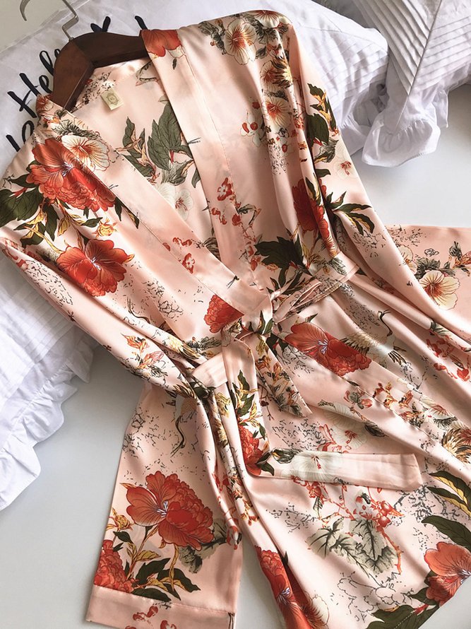 Floral Silk Fabric Long-Sleeve Jacket Camisole Trousers Pajamas Three-Piece Set