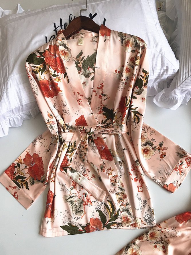 Floral Silk Fabric Long-Sleeve Jacket Camisole Trousers Pajamas Three-Piece Set