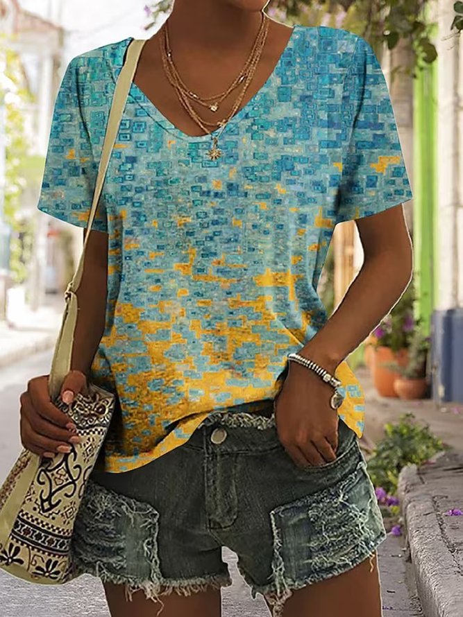 Casual Abstract Loose V Neck Loose T-Shirt