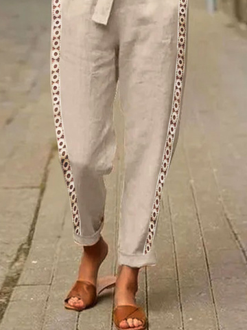 Plain Hollow Out Lace Pockets Lace-up Casual Pants