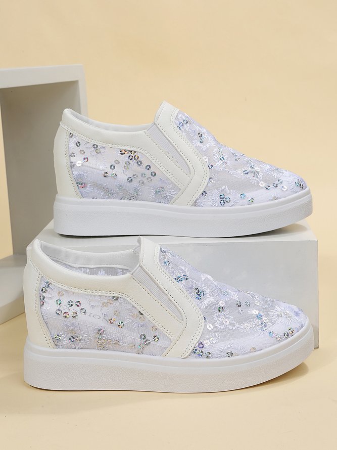 Sequins Floral Embroidered Lace Paneled Slip-On Wedge Shoes
