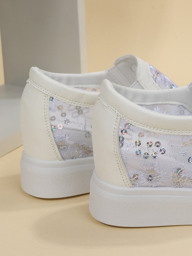 Sequins Floral Embroidered Lace Paneled Slip-On Wedge Shoes