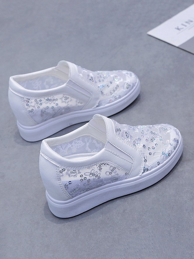 Sequins Floral Embroidered Lace Paneled Slip-On Wedge Shoes