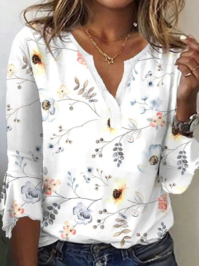 Floral Casual Notched Three Quarter Shirt