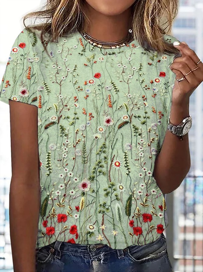 Plus Size Casual Jersey Floral Crew Neck T-Shirt