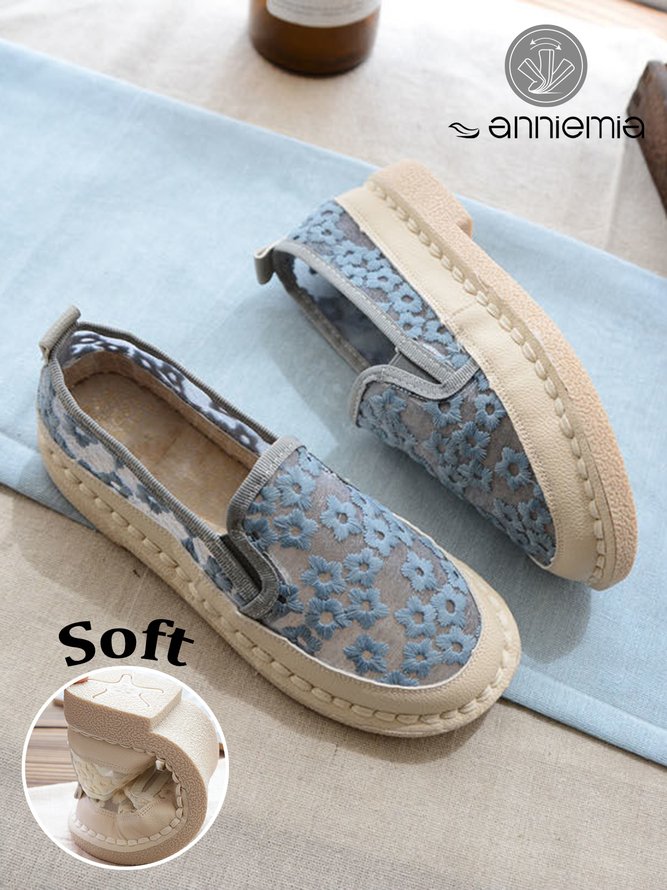 Floral Embroidery Breathable Mesh Flat Espadrilles Shoes