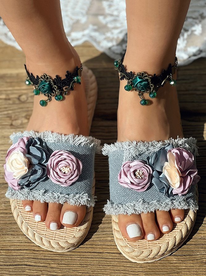 Floral Decor Denim Raw Hem Wide Strap Beach Slippers