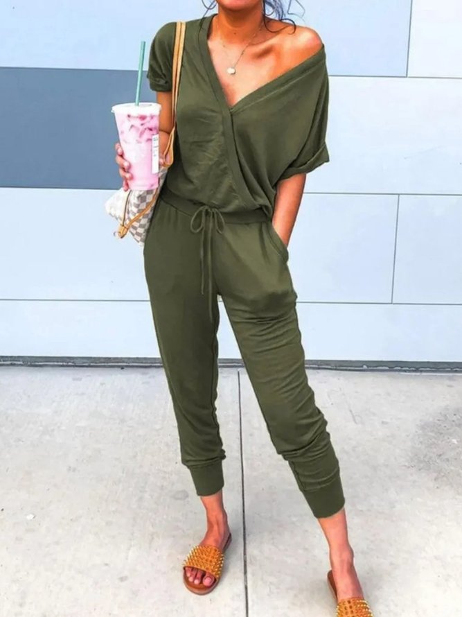 Plain Lace-up Pockets Casual Jumpsuit